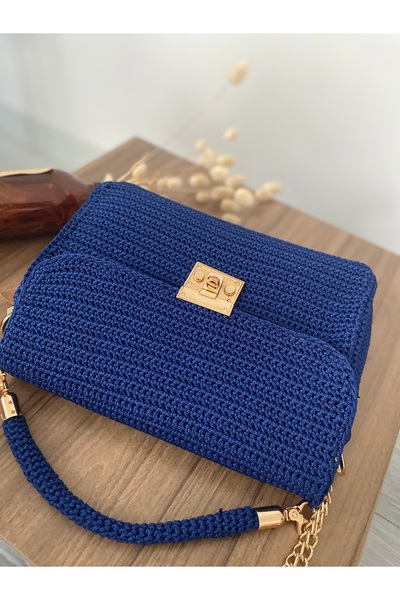 henaabag Mavi kanvas çanta, el örgüsü kadın mavi çanta, el çantası