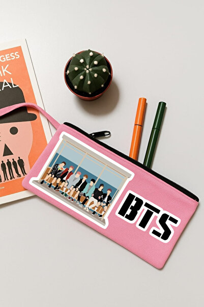 lovver Geantă de machiaj din pânză imprimată BTS Group, suport pentru pix, ge...