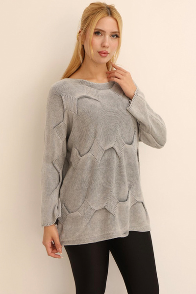 AYASOFYA OTANTIK Women's Gray Round Neck Goemetric Pattern and Distressed Detail Loose Cotton Knitwear Sweater Blouse