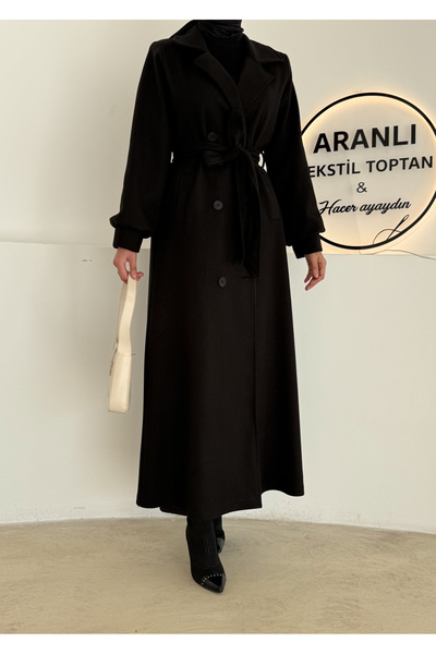 hacer ayaydın Tam Boy Tesettür Kaşe Kaban/Manşetli Kuşaklı Kaşe Kadın Kaban