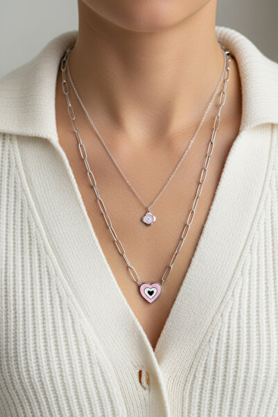 Modacaprea قلادة قلب مزدوجة من الفولاذ 45 سم |   قلادة نسائية من الفولاذ بلون...