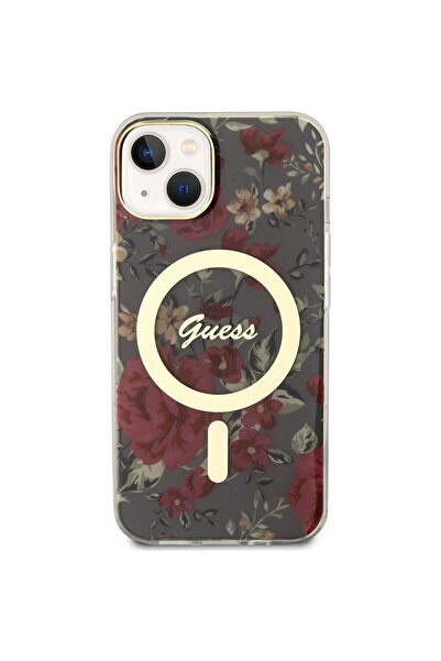 Guess Flowers IML MagSafe Compatible Protective Case for iPhone 14, Khaki