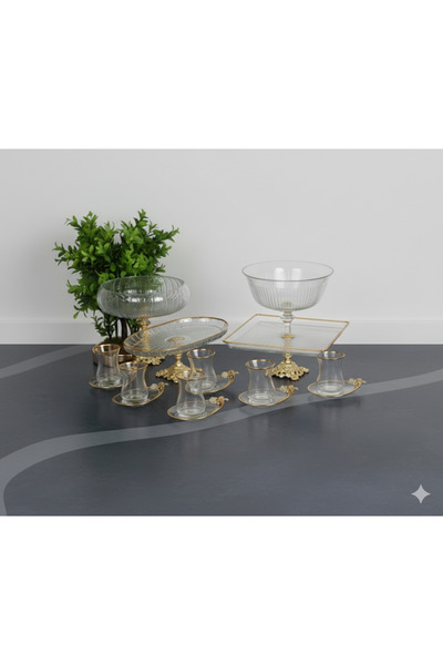 ÇNR Home Collection PAŞABAHÇE GOLD DETAYLI METAL AYAKLI SUNUM & SERVİS SETİ P...