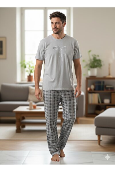 FAMES PİJAMA Men's Blue Short Sleeve Pajama Set