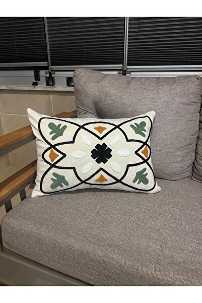 HD HOME COLLECTİON Linen Fabric Geometric Series Black-Teal Green Detail Punch Throw Pillow Cover 35*50 cm