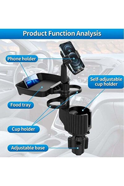 Generic 4-in-1 Adjustable Car Cup Holder & Food Tray, 360° Rotating Travel Table