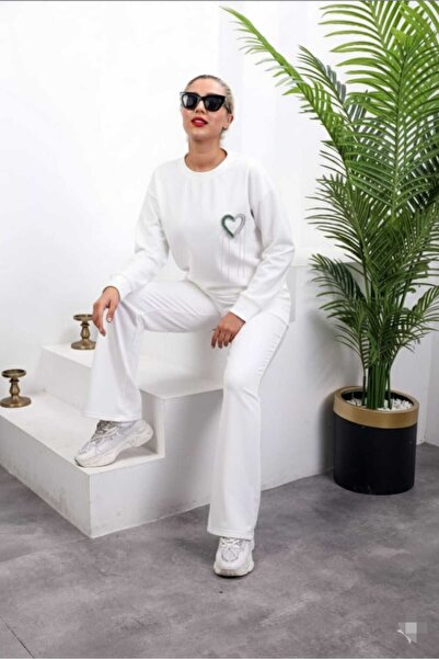 aytenli Round Neck Beaded Heart Figured Single Jersey Casual Sports Set