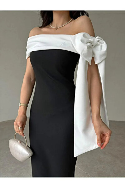 Butik Bow Detail Shoulder Madonna Neckline Special Evening Dress