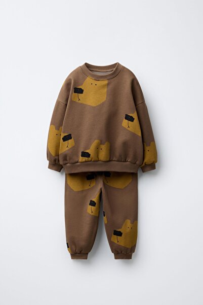 Magu Boys' Cotton Brown Bear Print Sweatshirt and Jogger Tracksuit Set - Comfortable Casual Style