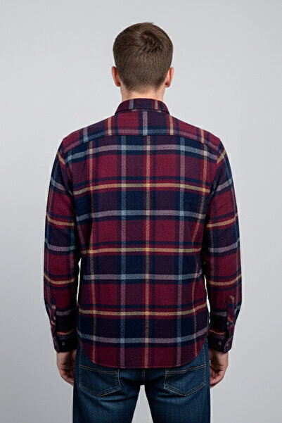 Zermon Kırmızı Lacivert Zemin Sarı Beyaz Çizgili Oduncu Gömleği