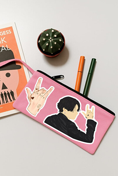 lovver Geantă de machiaj din pânză imprimată BTS Group, suport pentru pix, ge...