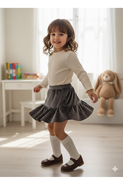 Şimo Butik Girl's French Velvet Flounce Skirt Short Mini with Pearls and Stones Elastic Waist Anthracite