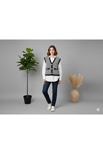 Eng Altın Düğmeli Marin Çizgili Triko Yelek (Süveter Yelek)