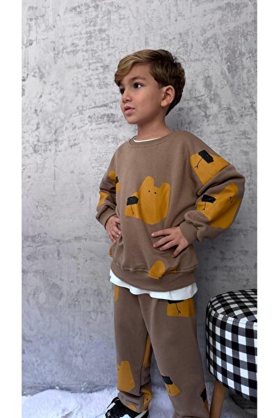 Magu Boys' Cotton Brown Bear Print Sweatshirt and Jogger Tracksuit Set - Comfortable Casual Style