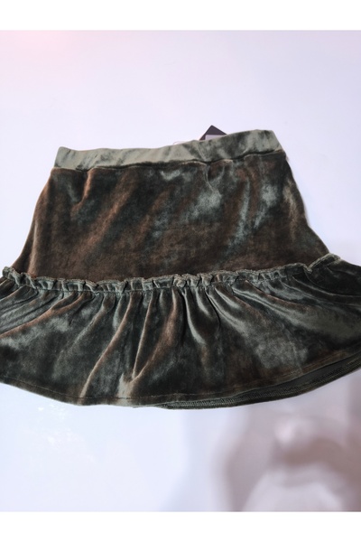 Şimo Butik Girl's French Velvet Flounce Skirt Short Mini Ruffled Elastic Waist Khaki Green