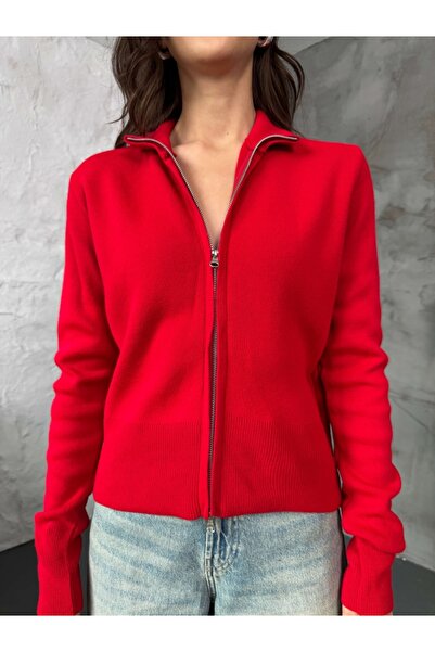 Elif Özbey Butik Red Mock Neck Zippered Knitwear Cardigan