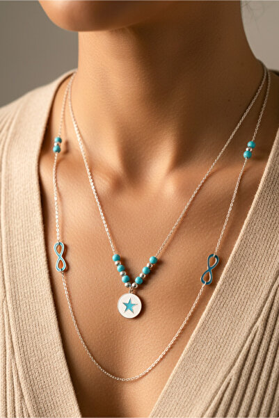Modacaprea قلادة ستار توركواز من الفولاذ مقاس 45 سم |   قلادة نسائية من الفول...