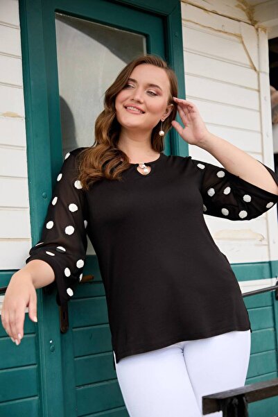 MODA İnci Detaylı Kol Puantiye Şifon Detaylı Büyük Beden Kadın Bluz