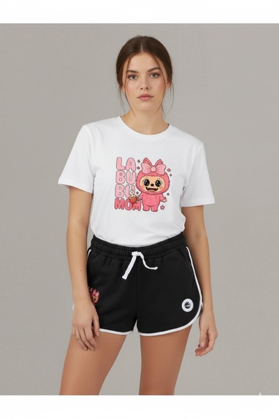 makiteks Set de 2 din bumbac, culoare uni, pantaloni scurți obișnuiți pentru femei, unisex și tricou tricouri Labubu