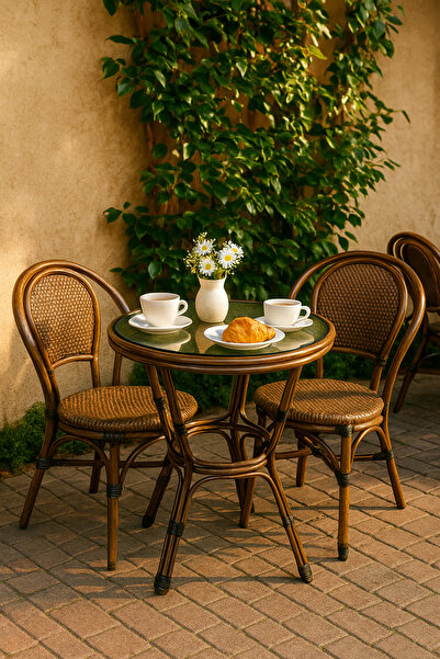 MARIA HOMES Round Rattan Coffee Table – Brown Outdoor & Indoor Table with Glass Top