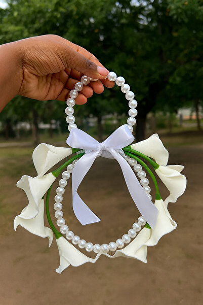 BlueBlossom El Yapımı İnci Saplı Gelin Buketi | Beyaz Lilyum Aksesuar | Düğün...