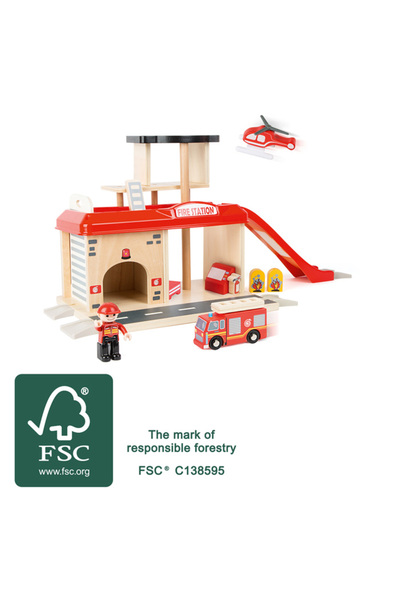 Small Foot stație de pompieri cu accesorii din lemn, joc de rol