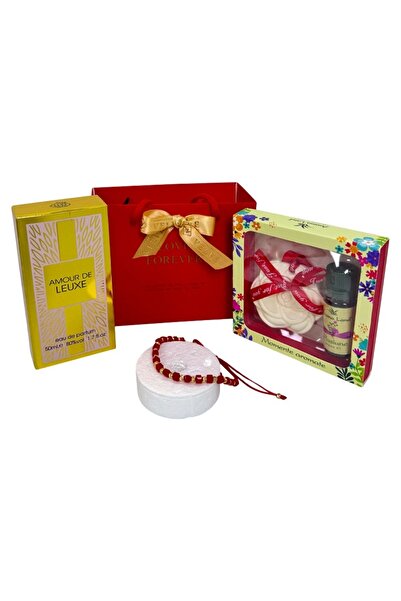 velve Pachet Amour de Leuxe, cu parfum, set aromatic cu figurina parfumata si ulei, bratara rosie