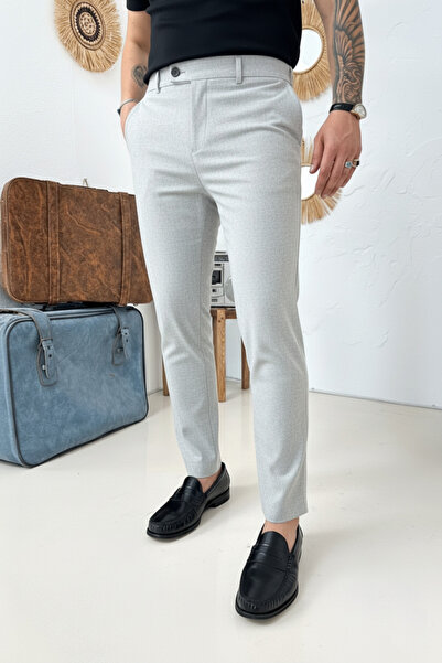 MENOFOURSWEAR Men's Regular-Fit Premium Quality Old Money Fabric Trousers Light Grey