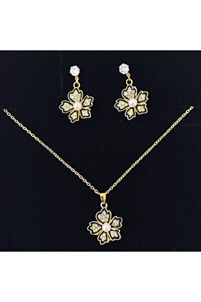 FY FashionForYou Σετ αξεσουάρ αίσθησης, σκουλαρίκια με λουλούδι και μενταγιόν, από ανοξείδωτο ατσάλι με κρύσταλλα και μαργαριτάρια, σε κομψό κουτί, χρυσό