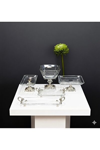 ÇNR Home Collection 5 Piece Cast Glass Service Set with Silver Plated Legs