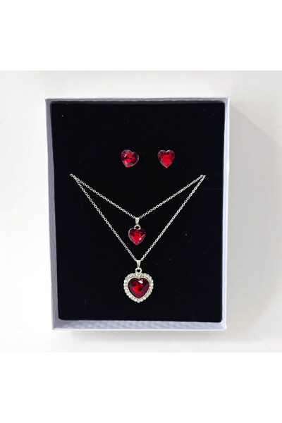 FY FashionForYou Σετ αξεσουάρ Danser a Deux, από ανοξείδωτο ατσάλι, με σκουλαρίκια, κολιέ με μενταγιόν και πέτρες, Ασημί Καρδιά Κόκκινο