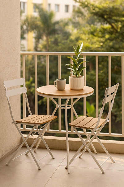 MARIA HOMES Round Outdoor Table – 60×75 cm White Metal Frame with Wooden Top for Balcony & Café
