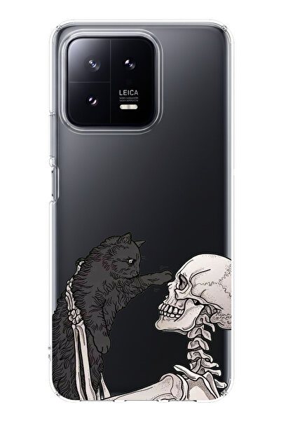 TechTree حافظة سيليكون متوافقة مع هاتف Xiaomi Mi 13 بتصميم هيكل عظمي وقطة سود...