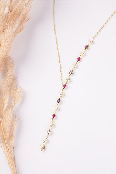 SUNSHINE 925 Ayar Gümüş Kolye, Gold Kaplamalı Renkli Mekik Taşlı V Model Kolye