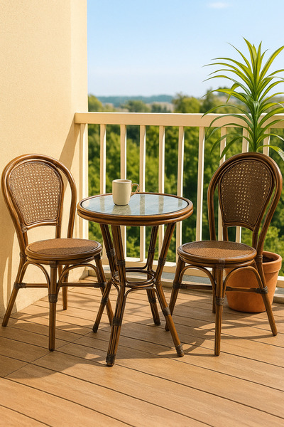 MARIA HOMES Round Rattan Coffee Table – Brown Outdoor & Indoor Table with Glass Top