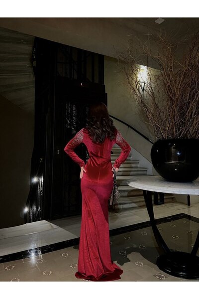 Larenmoda Kalp yaka taşlı kadife uzun abiye