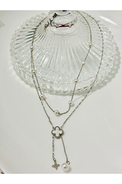 BIJUTERI İkili sedefli yoncalı çelik kolye