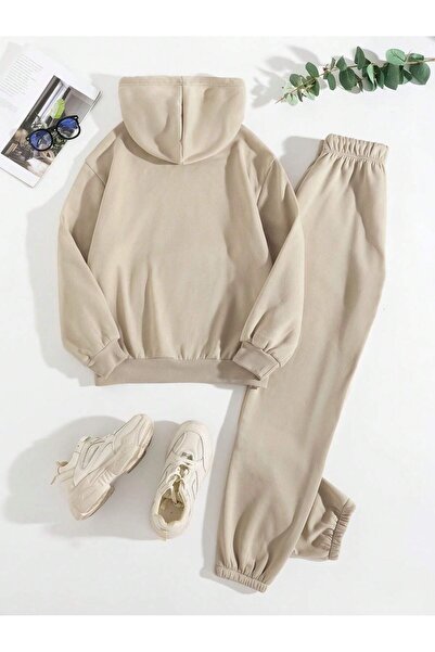 darkopia Unisex Men's Women's Unprinted Basic Printed Oversize 3 Thread Hooded Tracksuit Set