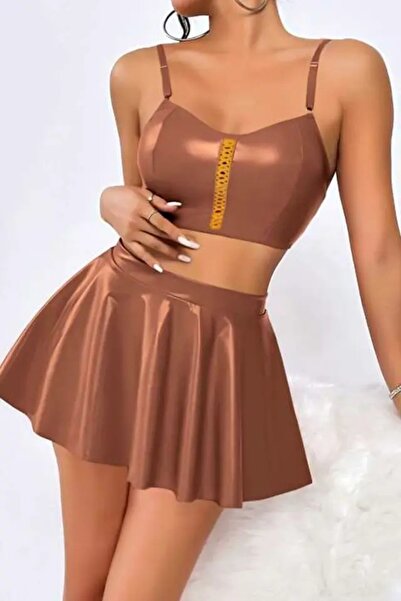 lidofya Kahve Etekli Lame Fantazi Gecelik Takım