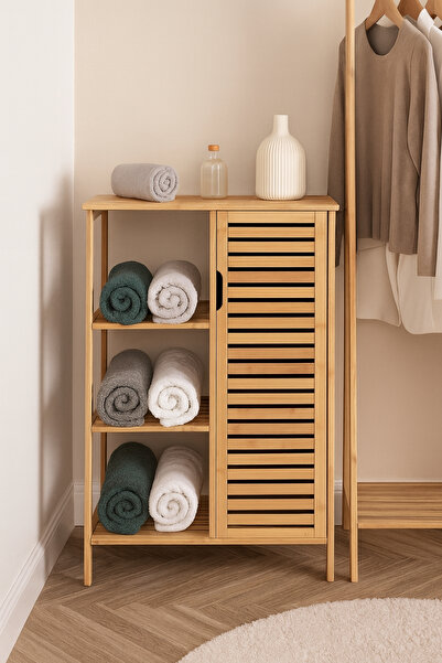 GENGSİ Bambu 4 Raflı Kapaklı Banyo Kıyafet Dolabı | Çok Amaçlı Organizer Dolap 66x32.2x87.4 cm