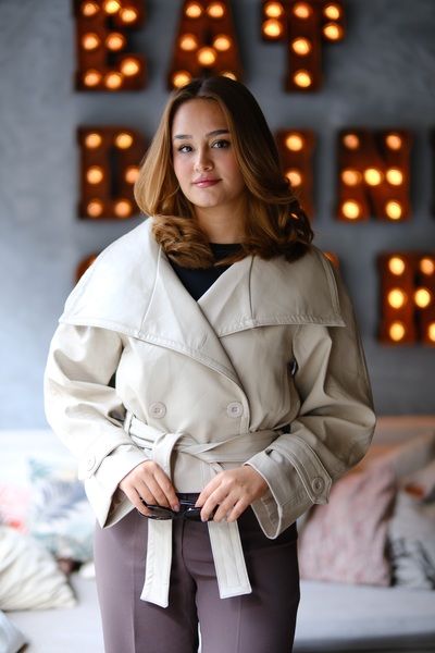 vaveylo women Dik Yaka Kuşaklı Deri Ceket