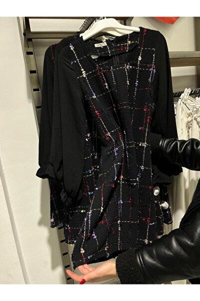 Sublime Butik Kadın Siyah Uzun Oyuk Yakalı Çizgi Desenli Tunik