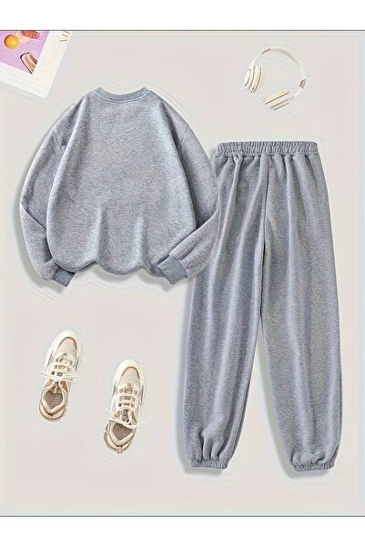 darkopia Unisex Men's Women's Unprinted Basic Printed Oversized 3 Thread Crew Neck Tracksuit Set