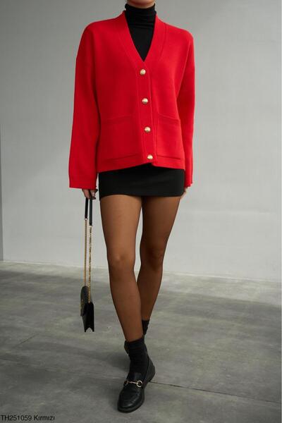 CADDELAMODA Women's V-Neck Gold Button Cardigan