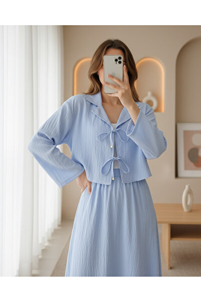 MissRunin Kruvaze Yaka Çift Bağcıklı Etekli Takım