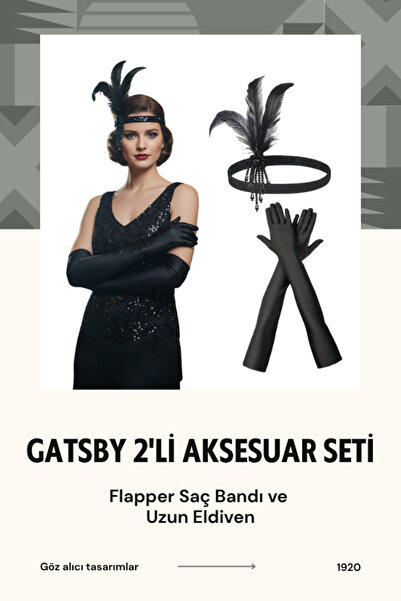 shop 1920'ler İkili Gatsby Aksesuar Seti – Siyah Taşlı Flapper Saç Bandı ve U...