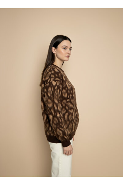 Store Leopar Desenli Yuvarlak Yaka Triko Tunik