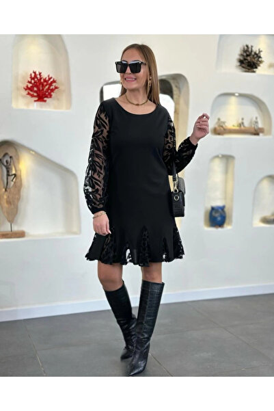 Butik    Women's Long Sleeve Round Neck Sleeve and Hem Lace Short Imported Crepe Dress