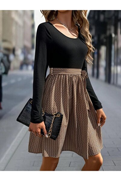 JANES Kadın Uzun Kollu Yuvarlak Yaka üst Viskon Alt Süprem Midi Elbise