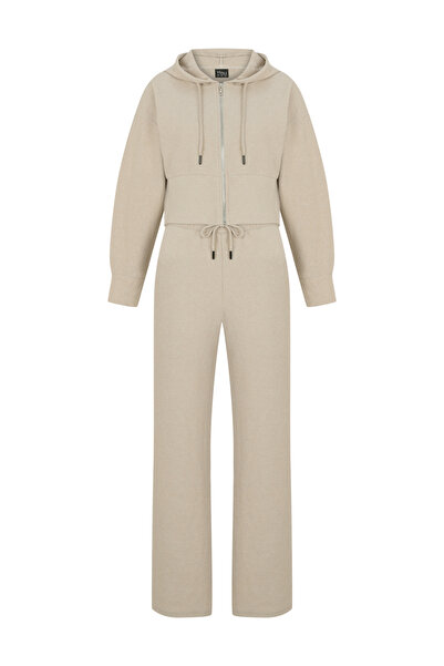 veres Liva Beige Hooded Cardigan and Sweatpants Thick Bottom-Top Set